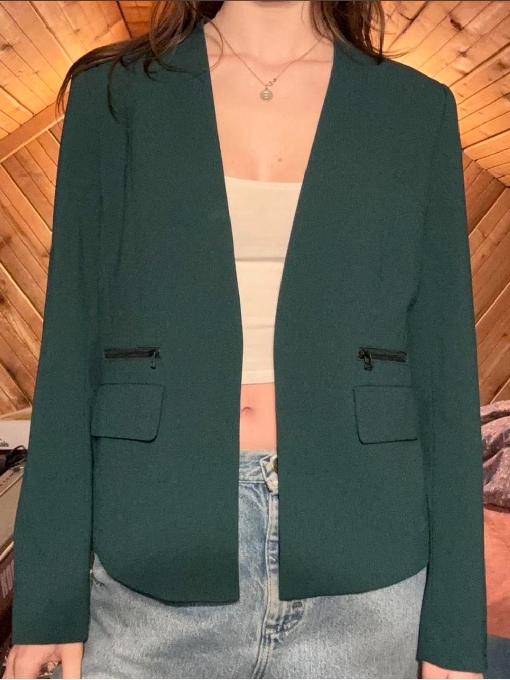 Halogen Emerald Green Blazer jacket collarless dark academia minimalist business